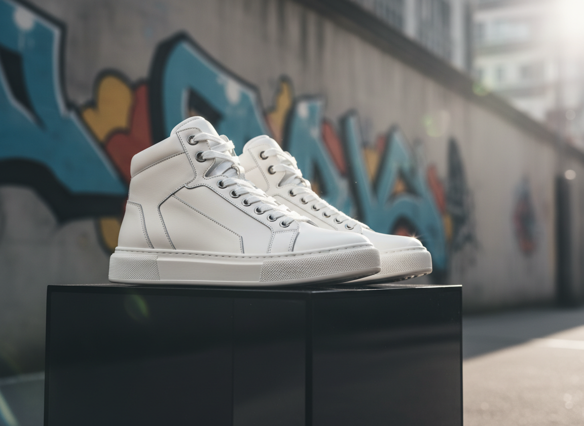 A pair of high-top designer sneakers crafted from buttery smooth white leather with geometric stitching, set atop a glossy black acrylic pedestal. The shoes’ thick, textured rubber soles and metallic lace eyelets shimmer under focused studio spotlights. A subtle urban backdrop with a faint graffiti mural can be seen, blurred in the distance. Soft-edge shadows and highlights trace the sneakers' sharp lines, lending a polished and energetic mood. Captured from a low-angle perspective for emphasis, with the composition using the rule of thirds to draw the eye. The image embraces a vibrant, cutting-edge aesthetic befitting luxury streetwear brands.