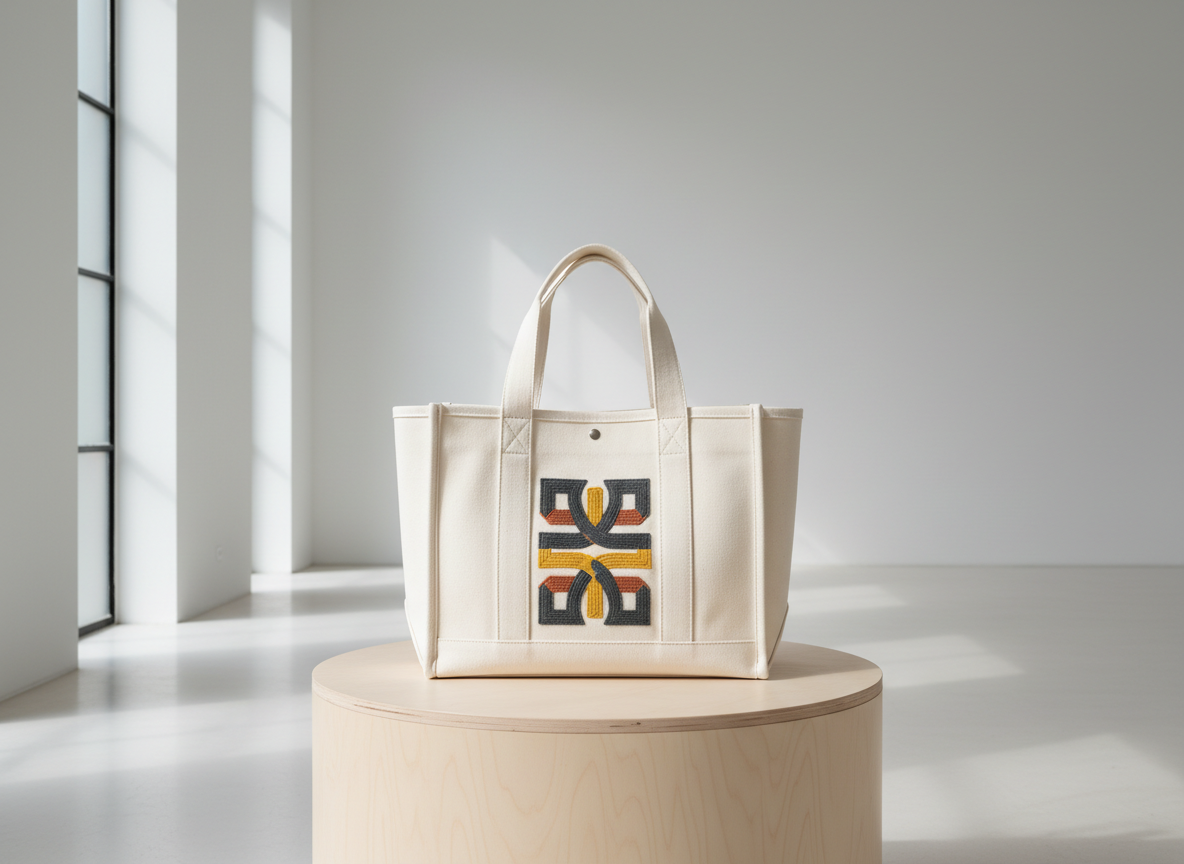 A minimalist display of a structured, canvas streetwear tote bag in off-white with a bold, embroidered abstract logo. The tote sits atop a round, pale birch wood pedestal within an all-white gallery-like space. Natural side lighting streams through tall, frosted windows, producing a gentle, elongated shadow to one side and subtle rim lights that define the handle's curve. Shot head-on at eye level, the bag fills much of the frame, emphasizing material and construction detail. The visual mood is modern and sophisticated, with an artful, high-end street aesthetic that resonates with design-conscious shoppers.