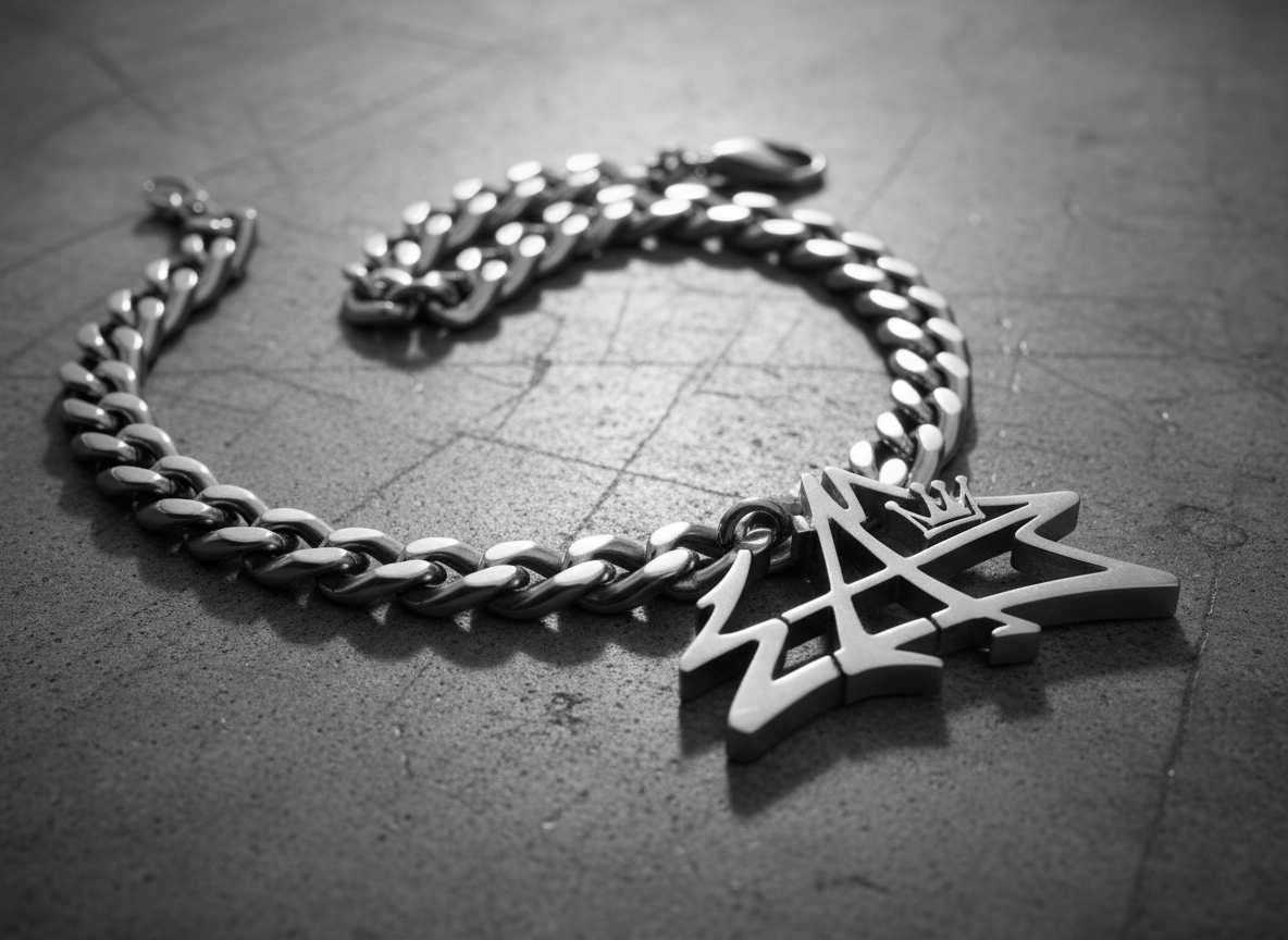 A close-up of a chunky, brushed stainless steel chain necklace with a custom graffiti-style tag pendant. The pendant rests on a rough charcoal concrete surface, with faint street map lines etched in the background. Monochromatic lighting, slightly diffused, bounces off the metal, producing sharp reflections and angular shadows. Focus is razor-sharp on the necklace, with a shallow depth of field blurring the background for impact. The composition is tight, using the necklace’s curve to lead the viewer’s eye, evoking a bold, urban luxury feel and aligning with the edgy, premium ethos of designer streetwear.